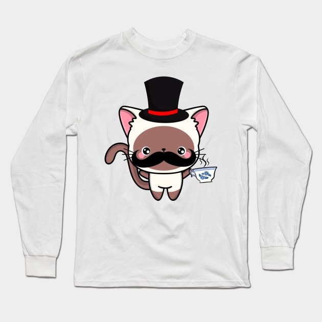 Sophisticated White Cat Drinking Tea wearing a top hat Long Sleeve T-Shirt by Pet Station